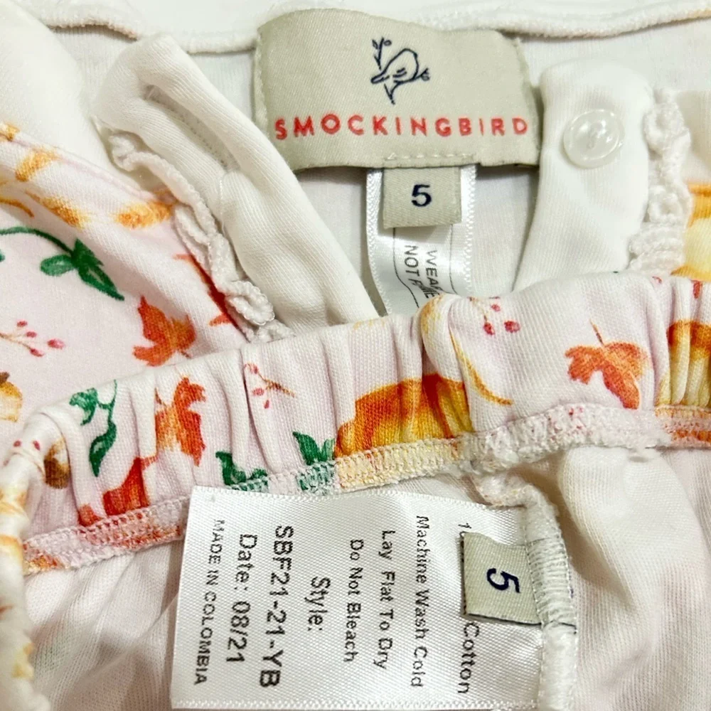 Smockingbird fall pumpkin print Pajama Set orange & White ruffle hems 5(girls)